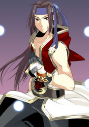 Rule 34 | 1boy, black gloves, black pants, blue headband, brown eyes, brown hair, champion (ragnarok online), championship belt, closed mouth, coat, commentary request, cowboy shot, gloves, gradient background, headband, long hair, looking at viewer, male focus, open clothes, open coat, pants, ponytail, ragnarok online, sasai saki, simple background, sleeveless, sleeveless coat, solo, two-tone gloves, white coat, white gloves