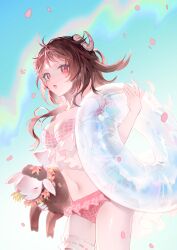 Rule 34 | 1girl, :o, absurdres, animal, antenna hair, arknights, bikini, blue sky, blush, breasts, bridal garter, brown hair, cleavage, commentary request, cowboy shot, eyjafjalla (arknights), eyjafjalla (summer flower) (arknights), falling petals, hand up, highres, holding, holding animal, holding swim ring, horns, innertube, long hair, looking at viewer, medium breasts, navel, official alternate costume, open mouth, outdoors, petals, pink bikini, pink eyes, plaid, plaid bikini, rainbow, sheep, sheep girl, sheep horns, sky, solo, swim ring, swimsuit, swimsuit cover-up, thighs, wyc zz