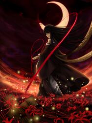 Rule 34 | 1girl, absurdres, black hair, black kimono, blood, blunt bangs, crescent moon, enma ai, flower, full body, highres, hime cut, japanese clothes, jigoku shoujo, kimono, long hair, long sleeves, looking to the side, moon, nes tle, night, night sky, parted lips, red eyes, red flower, ribbon, single bare shoulder, sky, solo, spider lily, standing, straw doll, string, wide sleeves