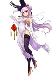 Rule 34 | 1girl, alternate costume, alternate hairstyle, armpits, azur lane, bald eagle, bare shoulders, bird, black thighhighs, breasts, china dress, chinese clothes, cleavage, cleavage cutout, closed mouth, clothing cutout, covered erect nipples, covered navel, dress, eagle, elbow gloves, enterprise (azur lane), eyelashes, floating hair, flower, flower ornament, from below, full body, gloves, hair bun, hair flower, hair ornament, high heels, highres, holding, lmz1234tapir, long hair, looking at viewer, no panties, purple eyes, shoes, side slit, sideboob, silver hair, single hair bun, sleeveless, sleeveless dress, solo, thighhighs, white dress, white gloves, yellow footwear