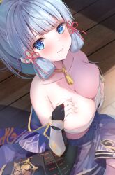 Rule 34 | 1girl, absurdres, armor, ayaka (genshin impact), bare shoulders, blue eyes, blue skirt, blunt tresses, blush, breasts, bridal gauntlets, chest sarashi, cleavage, closed mouth, flower knot, from above, genshin impact, grey hair, hair ribbon, hand on own chest, has bad revision, has cropped revision, has downscaled revision, highres, japanese armor, kusazuri, large breasts, long hair, looking at viewer, looking up, md5 mismatch, mihasu, mole, mole under eye, neck tassel, resolution mismatch, ribbon, sarashi, sitting, skirt, solo, source smaller, tress ribbon, wooden floor