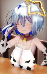 Rule 34 | 1girl, amane kanata, animal print, bell, bikini, blue hair, collar, colored inner hair, commentary, cow print, dongchuan, elbow gloves, flat chest, gloves, grey hair, hair between eyes, halo, hand in own hair, highres, hololive, jug (bottle), milk, multicolored hair, neck bell, red collar, solo, star halo, swimsuit, table, two-tone hair, upper body, virtual youtuber, white bikini, white gloves