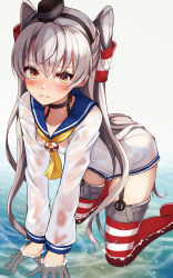 Rule 34 | 1girl, all fours, alternate costume, amatsukaze (kancolle), black hairband, blush, breasts, choker, closed mouth, collarbone, commentary request, cosplay, dress, garter straps, gloves, hair between eyes, hair ornament, hair tubes, hairband, hat, highres, kantai collection, long hair, long sleeves, looking at viewer, mini hat, natsu narumi, red thighhighs, sailor collar, sailor dress, see-through, short dress, silver hair, solo, striped clothes, striped thighhighs, thighhighs, two side up, very long hair, water, wet, wet clothes, wet dress, white gloves, yukikaze (kancolle), yukikaze (kancolle) (cosplay)