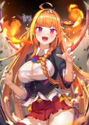 Rule 34 | 1girl, ahoge, blonde hair, blunt bangs, bow, braid, breasts, cleavage, cleavage cutout, clothing cutout, diagonal-striped bow, dragon girl, dragon horns, dragon tail, dragon wings, fang, fire, hairband, hands up, highres, hip vent, hololive, horn bow, horn ornament, horns, kiryu coco, kiryu coco (1st costume), large breasts, long hair, looking at viewer, mr.lime, multicolored hair, open mouth, orange hair, pointy ears, purple eyes, red eyes, side braid, smile, solo, tail, very long hair, virtual youtuber, wings