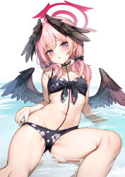 Rule 34 | 1girl, bikini, black bikini, black bow, black wings, blue archive, blush, bow, cameltoe, cleft of venus, collarbone, covered erect nipples, feathered wings, floral print, front-tie bikini top, front-tie top, hair bow, hair over shoulder, halo, head wings, highres, koharu (blue archive), koharu (swimsuit) (blue archive), long hair, looking at viewer, low twintails, low wings, navel, official alternate costume, open mouth, pink eyes, pink hair, pink halo, print bikini, simple background, skindentation, solo, swimsuit, twintails, water, wet, white background, wings, yukishiro arte