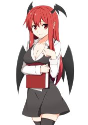 Rule 34 | 1girl, absurdres, bat wings, black thighhighs, book, hugging book, breast rest, breasts, cleavage, collarbone, cowboy shot, dress shirt, hair between eyes, head wings, highres, holding, holding book, koakuma, large breasts, long hair, long sleeves, looking at viewer, hugging object, open clothes, open shirt, open vest, pointy ears, red eyes, red hair, shirt, sidelocks, simple background, skirt, skirt set, smile, solo, thighhighs, tialimko, touhou, vest, white background, white shirt, wings, zettai ryouiki