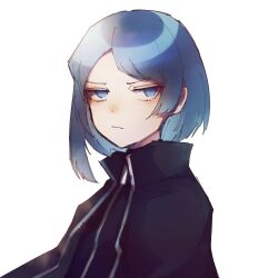 Rule 34 | 1other, annoyed, black coat, black shirt, blue eyes, blue hair, coat, cut bangs, library of ruina, looking at viewer, pale skin, porccu 200g, project moon, shirt, short hair, sidelocks, simple background, the bookhunter, white background, zipper
