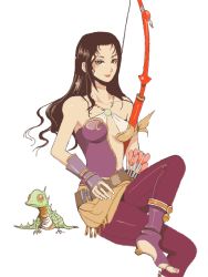 Rule 34 | 1980s (style), 1girl, animal, arrow (projectile), bare shoulders, belt, black eyes, black hair, boots, bow (weapon), breasts, female focus, final fantasy, final fantasy ii, lizard, long hair, maria (ff2), retro artstyle, pantyhose, quiver, retro artstyle, sitting, solo, weapon, white background