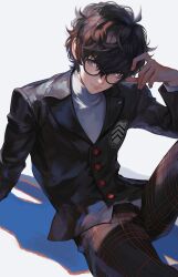 Rule 34 | 1boy, amamiya ren, black-framed eyewear, black hair, black jacket, black pants, buttons, closed mouth, commentary, glasses, highres, jacket, male focus, pants, persona, persona 5, shiiyou, short hair, simple background, sitting, solo, sweater, white background, white sweater