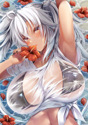 Rule 34 | 1girl, absurdres, beach, bikini, black bikini, blush, breasts, brown eyes, collarbone, dark-skinned female, dark skin, day, flower, grey hair, hibiscus, highres, in water, kantai collection, large breasts, long hair, looking at viewer, lying, mashiro yukiya, musashi (kancolle), musashi kai ni (kancolle), on back, sand, see-through, see-through shirt, shirt, solo, swimsuit, tied shirt, twintails, water, wet, wet clothes, white shirt