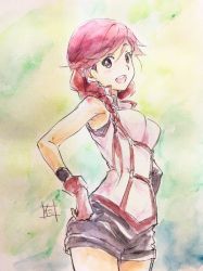 Rule 34 | 10s, 1girl, :d, armpits, bad id, bad pixiv id, blush, braid, breasts, fingerless gloves, from side, gloves, hai to gensou no grimgar, hair over shoulder, hands on own hips, highres, long hair, looking at viewer, multicolored background, nii manabu, open mouth, red eyes, red hair, shirt, shorts, signature, single braid, sleeveless, sleeveless shirt, smile, solo, traditional media, watercolor pencil (medium), yume (grimgar)