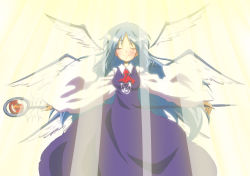 Rule 34 | 1girl, angel, ascot, blouse, blue hair, closed eyes, cross, dress, faux traditional media, female focus, graphite (medium), highres, light, light purple hair, long hair, madare-rin, mixed media, multiple wings, red ascot, sariel (touhou), shirt, simple background, smile, solo, staff, touhou, touhou (pc-98), traditional media, very long hair, white shirt, wings