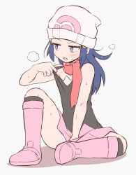 Rule 34 | 1girl, ass, beanie, black shirt, blue eyes, blue hair, blush, covering crotch, covering privates, creatures (company), dawn (pokemon), disgust, full body, game freak, grey background, hair ornament, hat, highres, kurachi mizuki, long hair, looking to the side, nintendo, open mouth, pink skirt, pokemon, pokemon dppt, red scarf, scarf, shiny skin, shirt, simple background, skirt, sleeveless, sleeveless shirt, solo, sweatdrop, white hat, wide hips