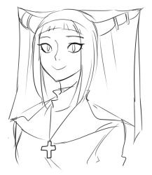 Rule 34 | 1girl, capcom, cross, cross necklace, drill hair, greyscale, habit, han juri, jewelry, matsu-sensei, monochrome, necklace, nun, out of character, sketch, smile, solo, street fighter, street fighter iv (series), traditional nun, twin drills, twintails