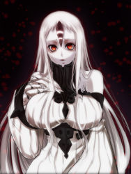 Rule 34 | 10s, 1girl, abyssal ship, breasts, claws, colored skin, dress, female focus, horns, kantai collection, kuko (endless-repeat), large breasts, long hair, red eyes, ribbed dress, seaport princess, simple background, single horn, solo, turtleneck, very long hair, white hair, white skin