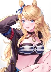 Rule 34 | 1girl, akatsuki (kuon), animal ears, arm behind head, arm up, bandeau, belt, black belt, black collar, black jacket, blonde hair, blue eyes, bow, breasts, chain, cleavage, closed mouth, collar, collarbone, commentary request, cowboy shot, denim, denim shorts, ear bow, ear covers, ear ornament, glint, gold chain, gold city (umamusume), horse ears, horse girl, horse tail, jacket, large breasts, long hair, long sleeves, looking at viewer, midriff, navel, open clothes, open jacket, shorts, sidelocks, simple background, single ear cover, sitting, smile, solo, striped bandeau, swept bangs, tail, twitter username, umamusume, white background, zipper pull tab