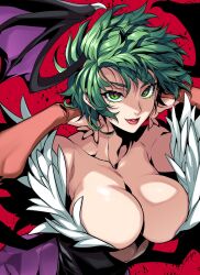 Rule 34 | 1girl, alternate hairstyle, bat wings, black leotard, breasts, cleavage, clothing cutout, commentary, demon girl, demon wings, eyebrows hidden by hair, fluff, fur-trimmed leotard, fur trim, gloves, green eyes, green hair, head wings, heart cutout, highres, large breasts, leotard, looking at viewer, morrigan aensland, orange gloves, pantyhose, red background, seductive smile, short hair, smile, solo, takatsuki ichi, unfinished, upper body, vampire (game), wings