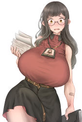 Rule 34 | 1futa, absurdres, accidental erection, bandaid, bare shoulders, belt, black hair, black skirt, blush, breasts, brown belt, bulge, character name, collared shirt, elf, embarrassed, erection, erection under clothes, full-package futanari, futanari, glasses, highres, holding, holding paper, huge breasts, id card, lanyard, large penis, long hair, looking at viewer, miniskirt, mistimagi, mistimagi (character), nose blush, office lady, open mouth, original, paper, penis, pointy ears, red shirt, round eyewear, semi-rimless eyewear, shirt, shirt tucked in, simple background, skirt, sleeveless, sleeveless shirt, solo, standing, sweat, under-rim eyewear, white background, yellow eyes