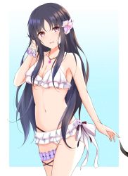 Rule 34 | 1girl, adjusting hair, artist request, assault lily, bare shoulders, bikini, black hair, blush, breasts, cleavage, flower, frilled bikini, frills, grey eyes, hair flower, hair ornament, hair ribbon, highres, long hair, looking at viewer, medium breasts, official alternate costume, open mouth, ribbon, scrunchie, shirai yuyu, simple background, smile, solo, swimsuit, tagme, white bikini, wrist scrunchie