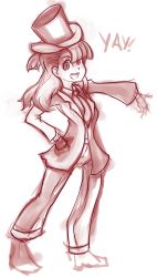 Rule 34 | 1girl, crossover, dayman, eyebrows, formal, gguy123, hat, highres, it&#039;s always sunny in philadelphia, jacket, kagari atsuko, little witch academia, long hair, necktie, open mouth, pants, shoes, simple background, solo, suit