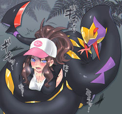 Rule 34 | 1girl, bare shoulders, baseball cap, black vest, blue eyes, blush, breasts, brown hair, cleavage, colored sclera, commentary request, creatures (company), fangs, forked tongue, game freak, gen 3 pokemon, hat, high ponytail, hilda (pokemon), long hair, nintendo, ooshio7734, open mouth, pokemon, pokemon (creature), pokemon bw, ponytail, red sclera, restrained, seviper, shirt, sidelocks, simple background, sleeveless, snake, snake bondage, sweat, tearing up, tongue, tongue out, vest, white shirt
