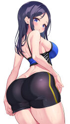 Rule 34 | 1girl, absurdres, alice gear aegis, ass, bare shoulders, black hair, black shorts, blue eyes, blue sports bra, blush, breasts, butt crack, highres, ichi-jirushi, large breasts, long hair, looking at viewer, looking back, nikitou kanade, parted bangs, short shorts, shorts, solo, sports bra, thighs