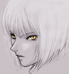 Rule 34 | 00s, 1girl, clare (claymore), claymore (series), eyelashes, lips, lowres, monochrome, short hair, solo, spot color, upper body, yellow eyes