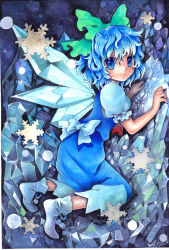 Rule 34 | 1girl, blue eyes, blue hair, bow, cirno, fairy, hair bow, ice, kneeling, matching hair/eyes, mosho, signature, snowflakes, socks, solo, touhou, traditional media, white socks, wings