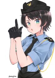 Rule 34 | 1girl, absurdres, alternate costume, black gloves, black hair, black hat, black necktie, blue eyes, blue shirt, blush, breasts, collared shirt, commentary, epaulettes, finger gun, gloves, half gloves, hat, highres, hololive, latex, latex gloves, looking at viewer, medium breasts, necktie, oozora subaru, open mouth, own hands clasped, own hands together, parted bangs, police, police hat, police uniform, seiji kimoti, shirt, shirt tucked in, short hair, simple background, solo, twitter username, uniform, upper body, virtual youtuber, white background, wing collar