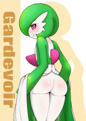 Rule 34 | 1girl, absurdres, ass, blush, character name, closed mouth, clothes lift, cowboy shot, creatures (company), dress, dress lift, from behind, game freak, gardevoir, gen 3 pokemon, green hair, heart, heart-shaped pupils, highres, looking at viewer, looking back, naga99770, nintendo, pink eyes, pokemon, pokemon (creature), short hair, smile, solo, standing, symbol-shaped pupils, tongue, tongue out, white background