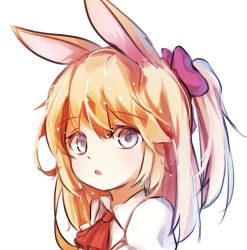 Rule 34 | 1girl, animal ears, blonde hair, blue eyes, close-up, kosobin, long hair, looking at viewer, one side up, original, parted lips, rabbit ears, ribbon, shirt, side ponytail, simple background, solo, upper body, white background, white shirt