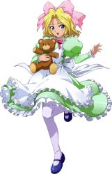 Rule 34 | 1girl, :d, apron, blonde hair, blue eyes, blue footwear, blush, bow, bowtie, frilled sleeves, frills, full body, green shirt, green skirt, hair bow, hair intakes, highres, holding, holding stuffed toy, iris chateaubriand, layered skirt, long hair, long skirt, long sleeves, looking at viewer, mary janes, official art, open mouth, pink bow, pink bowtie, sakura taisen, shirt, shoes, skirt, smile, solo, standing, standing on one leg, stuffed animal, stuffed toy, teddy bear, transparent background, white apron, white legwear