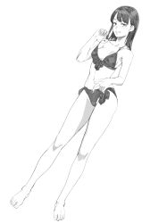 Rule 34 | 1girl, absurdres, aihara akito, barefoot, bikini, blush, breasts, dutch angle, greyscale, highres, long hair, looking at viewer, monochrome, natsuki (new normal), navel, new normal, no mask, simple background, smile, solo, standing, strap pull, swimsuit, white background