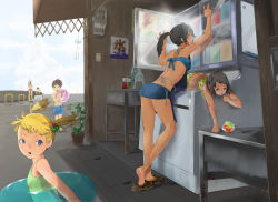 Rule 34 | 3girls, apron, arched back, arms up, bad id, bad pixiv id, ball, beachball, bikini, blonde hair, brown hair, closed eyes, cloud, day, food, from behind, hair bobbles, hair ornament, highres, hot, ice cream, ini (ini tw), innertube, ketchup, kooribata, lying, multiple girls, mustard, on stomach, open mouth, original, outdoors, plant, ponytail, potted plant, refrigerator, sandals, shade, shaved ice, short shorts, shorts, sky, sweat, swim ring, swimsuit, table, tongue, weighing scale, wind chime