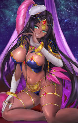 Rule 34 | 1girl, absurdres, black hair, breasts, circlet, cleavage, dark skin, dark-skinned female, fate/grand order, fate (series), forehead jewel, green eyes, hat, highres, jewelry, large breasts, long hair, looking at viewer, navel, ring, scheherazade (fate), smile, solo, thigh strap, thumb ring, ytoy
