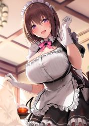 Rule 34 | 1girl, absurdres, apron, black dress, blue gk, blush, breasts, brown hair, cleavage, cleavage cutout, clothing cutout, dress, elbow gloves, gloves, highres, large breasts, looking at viewer, maid, maid headdress, open mouth, original, puffy short sleeves, puffy sleeves, purple eyes, short hair, short sleeves, smile, solo, tea, teapot, waist apron, white apron, white gloves