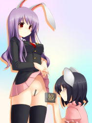 Rule 34 | 2girls, animal ears, bad id, bad pixiv id, black hair, black thighhighs, blazer, blush, brown hair, camcorder, camera, censored, cleft of venus, clothes lift, embarrassed, female focus, gradient background, inaba tewi, jacket, long hair, long sleeves, looking down, moon (ornament), multiple girls, necktie, no panties, photographic proof, pink skirt, pleated skirt, puffy short sleeves, puffy sleeves, purple hair, pussy, rabbit ears, red eyes, red necktie, reisen udongein inaba, short hair, short sleeves, skirt, skirt lift, sweatdrop, thighhighs, touhou, tsukumiya amane, video camera, wavy mouth