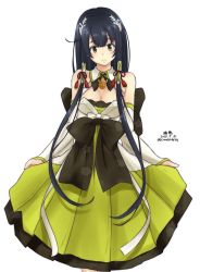Rule 34 | 1girl, ahoge, black hair, breasts, character name, cleavage, clothes lift, cowboy shot, dated, detached collar, detached sleeves, dress, dress lift, female focus, green dress, green eyes, hair ribbon, hair tubes, highres, kantai collection, large breasts, lifting own clothes, long hair, looking at viewer, mizuho (kancolle), ribbon, sidelocks, simple background, smile, solo, timato, twitter username, very long hair, white background