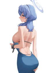 Rule 34 | 1girl, absurdres, ako (blue archive), ako (dress) (blue archive), alfie (tmdals7645), ass, backless dress, backless outfit, black hairband, blue archive, blue dress, blue eyes, blue hair, blue halo, blush, breasts, butt crack, cowboy shot, cuffs, dress, earrings, hair between eyes, hairband, halo, handcuffs, highres, jewelry, large breasts, long hair, nail polish, official alternate costume, open mouth, simple background, sleeveless, sleeveless dress, solo, white background