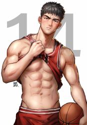 Rule 34 | 1boy, abs, ball, bara, basketball, basketball (object), basketball jersey, basketball uniform, blush, character request, clothes lift, facial scar, greenteaa, highres, looking at viewer, male focus, muscular, muscular male, navel hair, scar, scar on cheek, scar on face, shirt lift, simple background, slam dunk (series), solo, sportswear, sweat, thick eyebrows, underpec, white background