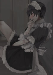 Rule 34 | 1boy, absurdres, agamemega, apron, black hair, blush, chinese commentary, crossdressing, highres, looking at viewer, looking to the side, maid, maid apron, male focus, male maid, multiple scars, open mouth, original, scar, scars all over, short hair, skirt, solo, tagme, too many, translated, yellow eyes