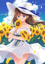 Rule 34 | 1girl, bare shoulders, blue bow, blue sky, bow, breasts, brown hair, cleavage, cloud, cloudy sky, commentary request, covered mouth, day, dress, field, floating hair, flower, flower field, flower over mouth, green eyes, hat, hat bow, highres, holding, holding flower, hugging object, komori kuzuyu, long hair, medium breasts, moe2020, off-shoulder dress, off shoulder, original, outdoors, petals, sky, solo, standing, sun hat, sunflower, sunflower field, white dress, white hat
