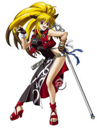 Rule 34 | 1girl, ahoge, animal ears, banpresto, beads, blonde hair, china dress, chinese clothes, contrapposto, dress, fingerless gloves, fox ears, gloves, hand on own hip, high heels, multicolored hair, official art, over shoulder, shoes, side slit, solo, staff, super robot wars, super robot wars og saga mugen no frontier, super robot wars og saga mugen no frontier exceed, two-tone hair, vest, weapon, weapon over shoulder, xiaomu