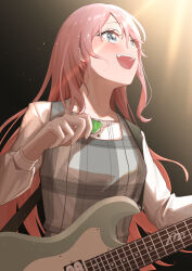 Rule 34 | 1girl, absurdres, alter sang, bang dream!, bang dream! it&#039;s mygo!!!!!, blush, breasts, chihaya anon, dress, electric guitar, guitar, highres, holding, holding plectrum, instrument, long hair, looking up, medium breasts, pinafore dress, pink hair, plaid, plaid dress, plectrum, shirt, sleeveless, sleeveless dress, smile, solo, spotlight, upper body, very long hair, white shirt