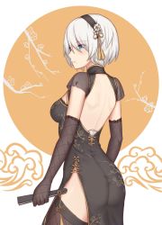 Rule 34 | 1girl, backless dress, backless outfit, black hairband, black thighhighs, blue eyes, breasts, china dress, chinese clothes, dress, elbow gloves, fishnet thighhighs, fishnets, from behind, gloves, hairband, hand fan, highres, holding, holding fan, lotu, medium breasts, mole, mole under mouth, nier (series), nier:automata, no blindfold, petals, short hair, thighhighs, white hair, 2b (nier:automata)