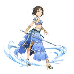 Rule 34 | 1girl, armor, bikini armor, blue bra, blue eyes, blue ribbon, blue skirt, bra, breasts, brown hair, closed mouth, diadem, from side, full body, hair bun, hair ribbon, high heels, highres, holding, holding sword, holding weapon, layered skirt, long skirt, looking at viewer, midriff, official art, ribbon, ronye arabel, short hair, sideboob, single hair bun, skirt, small breasts, solo, standing, strapless, strapless bra, sword, sword art online, sword art online: memory defrag, transparent background, underwear, weapon, yellow footwear