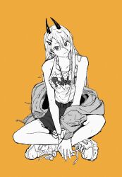 Rule 34 | 1girl, bare legs, bare shoulders, blonde hair, chainsaw man, closed mouth, crossed legs, hair between eyes, hair ornament, hairclip, highres, horns, long hair, looking at viewer, monochrome, partially colored, power (chainsaw man), shinamoku00, shoes, shorts, sitting, sketch, sneakers, tank top, yellow background