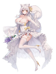 Rule 34 | 1girl, animal ears, bare shoulders, blue choker, blush, breasts, choker, cleavage, closed mouth, dress, elbow gloves, flower, full body, garter straps, gloves, hair flower, hair ornament, high heels, highres, holding, large breasts, looking at viewer, original, shiro albino, simple background, smile, solo, tail, thighhighs, white background, white dress, white footwear, white gloves, white hair, white thighhighs, yellow eyes