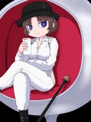Rule 34 | 1girl, a clockwork orange, alex delarge, alex delarge (cosplay), blue eyes, bowler hat, breast hold, breasts, bright pupils, cane, cosplay, crossed legs, cup, drinking glass, female focus, fxxk law, hat, highres, holding, holding drinking glass, milk, original, pants, parted bangs, shirt, sitting, solo, white pants, white pupils, white shirt