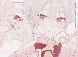 Rule 34 | 1boy, bandaid, bandaid on cheek, bandaid on face, blonde hair, blush, closed mouth, earrings, jewelry, looking at viewer, magical boy, male focus, niufog, original, pink eyes, red ribbon, ribbon, ring, short hair, smile, solo, wand, white background